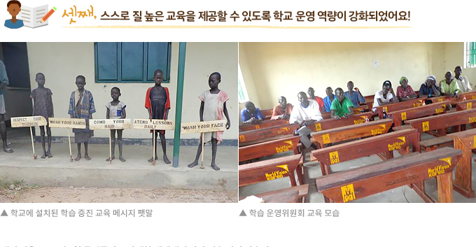 셋째, 스스로 질 높은 교육을 제공할 수 있도록 학교 운영 역량이 강화되었어요!
(왼쪽)학교에 설치된 학습 증진 교육 메시지 팻말
(오른쪽)학습 운영위원회 교육 모습