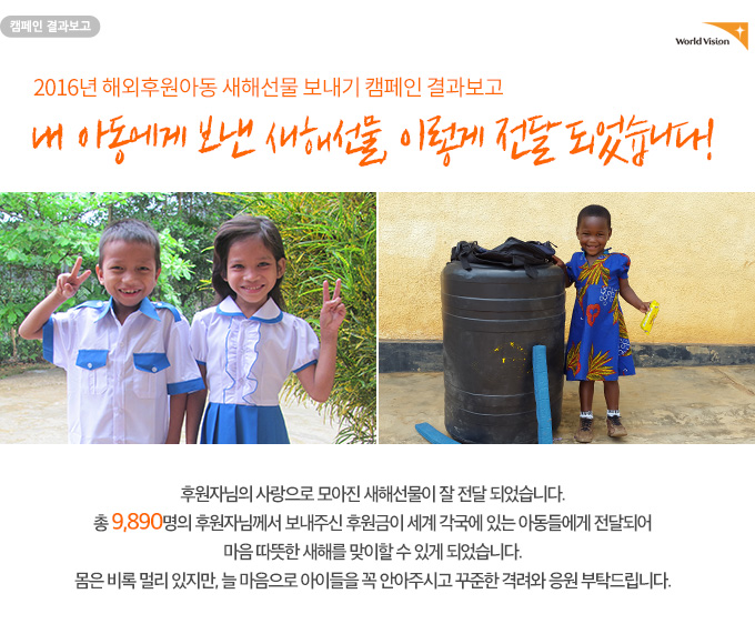 2016년 해외후원아동 새해선물 보내기 캠페인 결과보고 내 아동에게 보낸 새해선물, 이렇게 전달 되었습니다! 후원자님의 사랑으로 모아진 새해선물이 잘 전달 되었습니다. 총 9,890명의 후원자님께서 보내주신 후원금이 세계 각국에 있는 아동들에게 전달되어 마음 따뜻한 새해를 맞이할 수 있게 되었습니다. 몸은 비록 멀리 있지만, 늘 마음으로 아이들을 꼭 안아주시고 꾸준한 격려와 응원 부탁드립니다. 