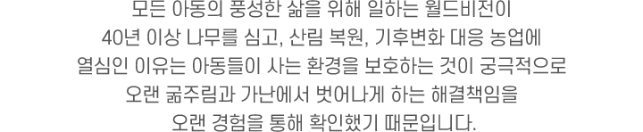 모든 아동의 풍성한 삶을 위해 일하는 월드비전이 
                    40년 이상 나무를 심고, 산림 조성, 기후변화 대응 농업에 
                    열심인 이유는 아동들이 사는 환경을 보호하는 것이 궁극적으로 
                    오랜 굶주림과 가난에서 벗어나게 하는 해결책임을 
                    오랜 경험을 통해 확인했기 때문입니다.