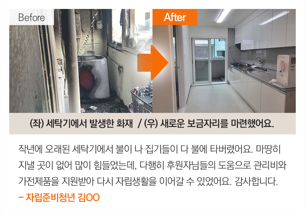 작년에 오래된 세탁기에서 불이 나 집기들이 다 불에 타버렸어요. 마땅히지낼 곳이 없어 많이 힘들었는데, 다행히 후원자님들의 도움으로 관리비와가전제품을 지원받아 다시 자립생활을 이어갈 수 있었어요. 감사합니다.- 자립준비청년 김OO