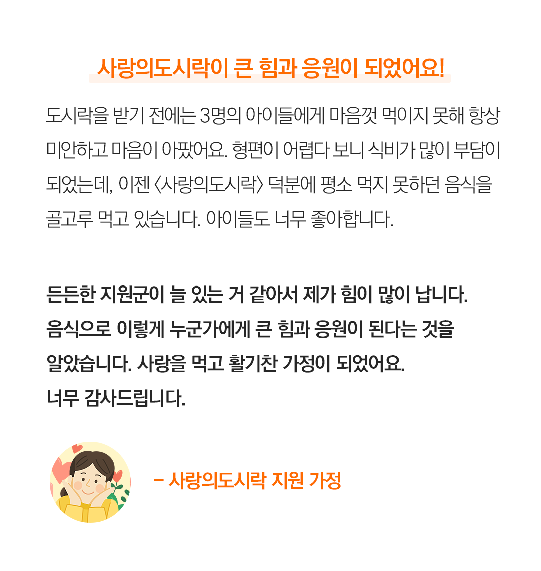 사랑의 도시락이 큰 힘과 응원이 되었어요! 도시락을 받기 전에는 3명의 아이들에게 마음껏 먹이지 못해 항상 미안하고 마음이 아팠어요. 형편이 어렵다 보니 식비가 많이 부담이되었는데, 이젠 <사랑의 도시락> 덕분에 평소 먹지 못하던 음식을 골고루 먹고 있습니다. 아이들도 너무 좋아합니다. 든든한 지원군이 늘 있는 거 같아서 제가 힘이 많이 납니다.음식으로 이렇게 누군가에게 큰 힘과응원이 된다는 것을 알았습니다.사랑을 먹고 활기찬 가정이 되었어요. 너무 감사드립니다. - 사랑의 도시락 지원 가정