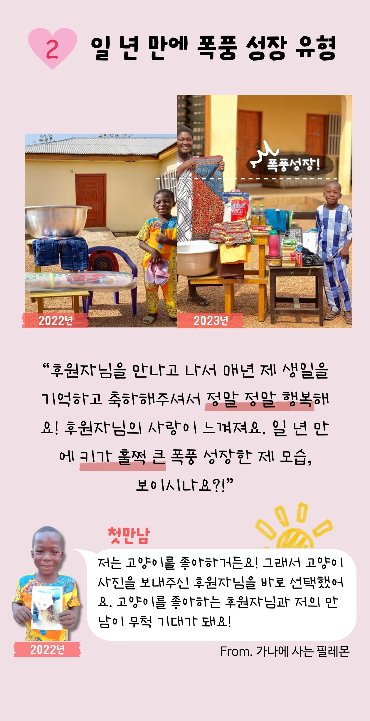 2 일 년 만에 폭풍 성장 유형 후원자님을 만나고 나서 매년 제 생일을 기억하고 축하해주셔서 정말 정말 행복해요! 후원자님의 사랑이 느껴져요. 일 년 만에 키가 훌쩍 큰 폭풍 성장한 제 모습,보이시나요?! 가나에 사는 필레몬-저는 고양이를 좋아하거든요! 그래서 고양이 사진을 보내주신 후원자님을 바로 선택했어요. 고양이를 좋아하는 후원자님과 저의 만남이 무척 기대가 돼요!